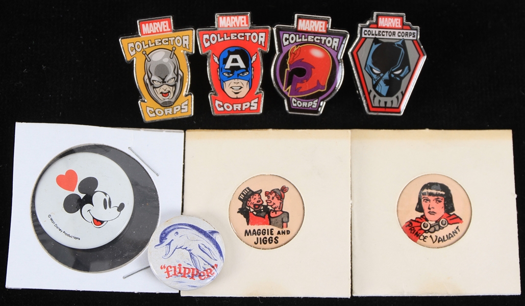 1940s-2000s Americana Pinback Button Collection - Lot of 8 w/ Flipper, Mickey Mouse, Prince Valiant, Marvel Collector Corps & More