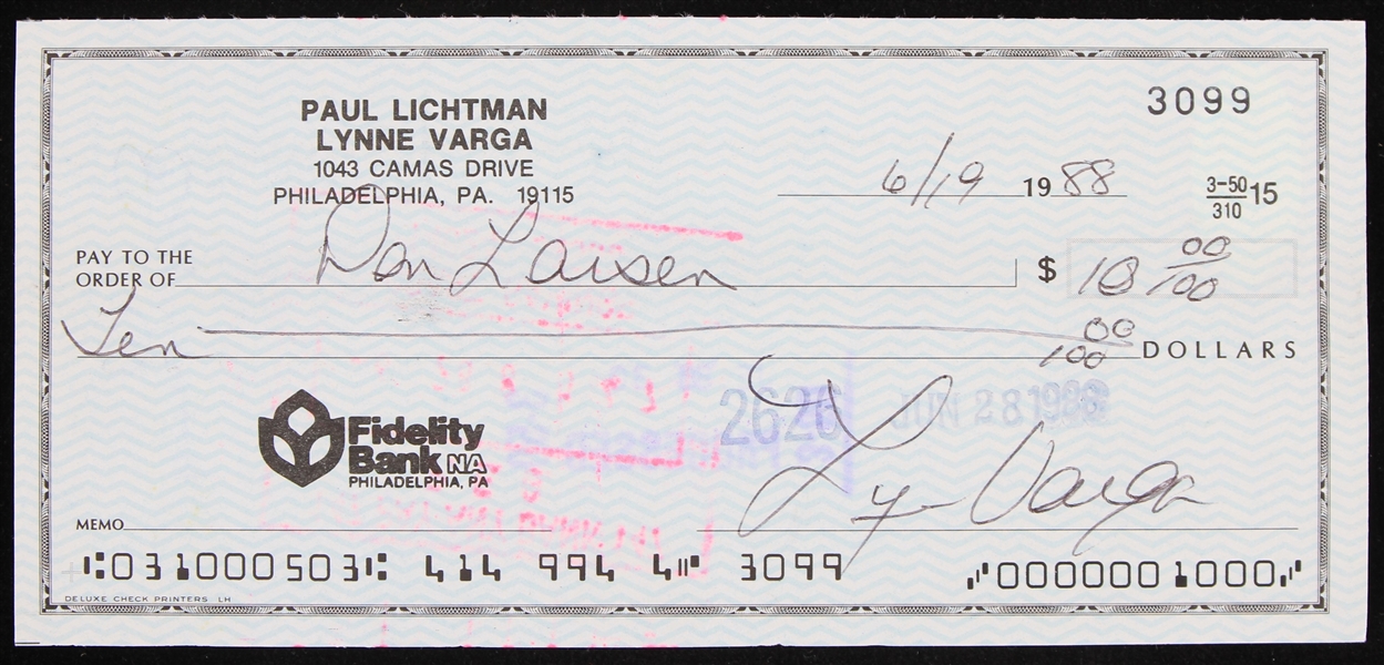1988 Don Larson New York Yankees Signed Personal Check *JSA*