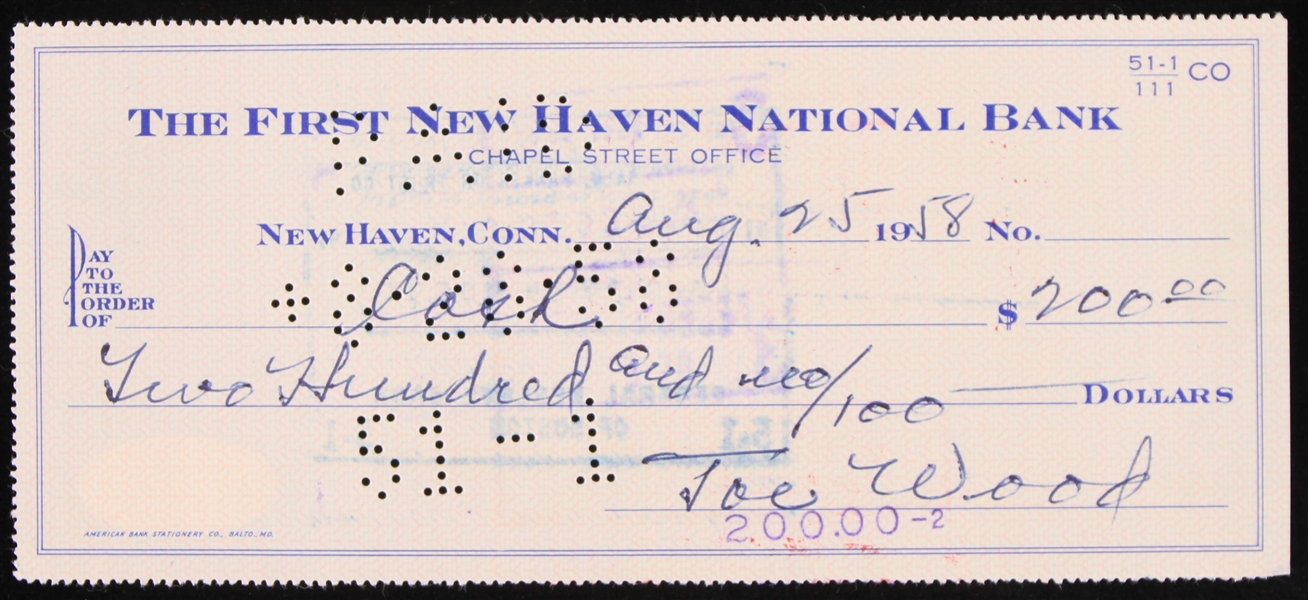 1958 "Smokey" Joe Wood (d.1985) Boston Red Sox Cleveland Indians Signed Check *JSA*