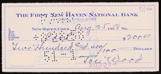 1958 "Smokey" Joe Wood (d.1985) Boston Red Sox Cleveland Indians Signed Check *JSA*
