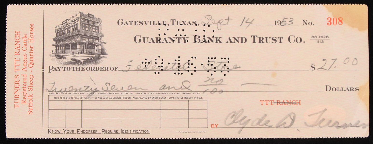 1953 Cylde "Bulldog" Turner (d.1998) Chicago Bears Signed Check *JSA*