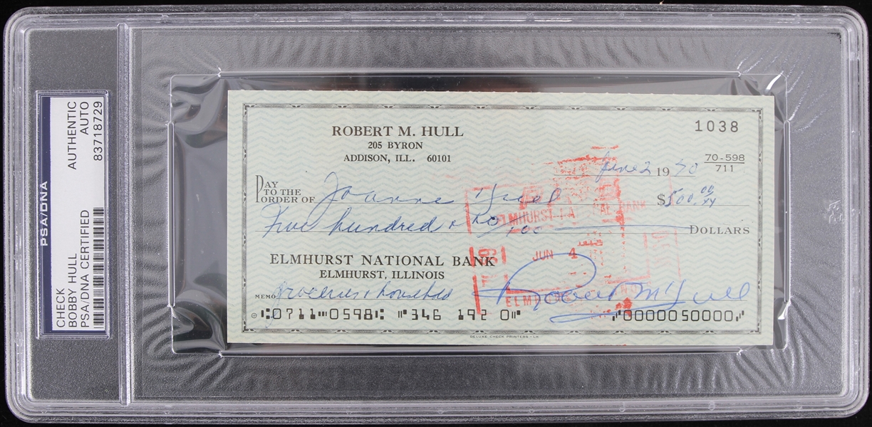 1970 Bobby Hull (d.2023) Chicago Blackhawks Winnipeg Jets Hartford Whalers Signed Check (PSA Slabbed)