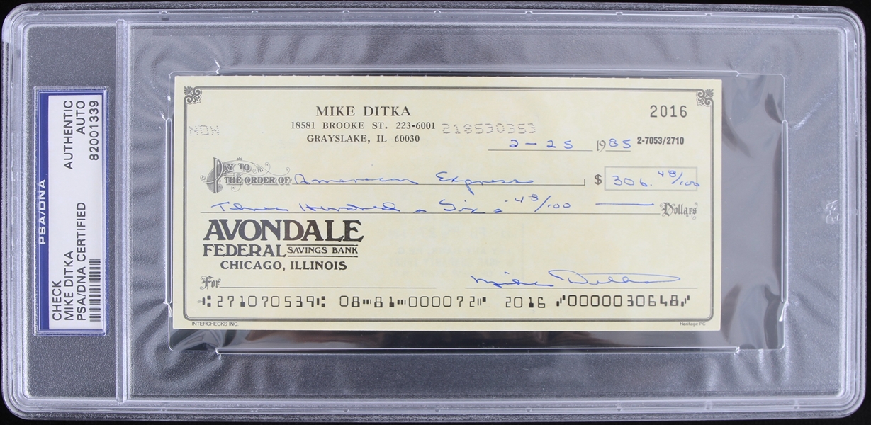 1985 Mike Dikta Chicago Bears Signed Check (PSA Slabbed)