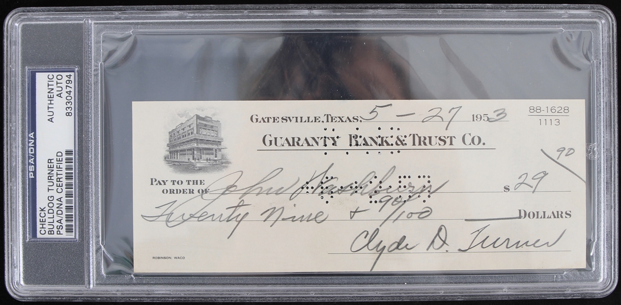 1953 Cylde "Bulldog" Turner (d.1998) Chicago Bears Signed Check (PSA Slabbed)