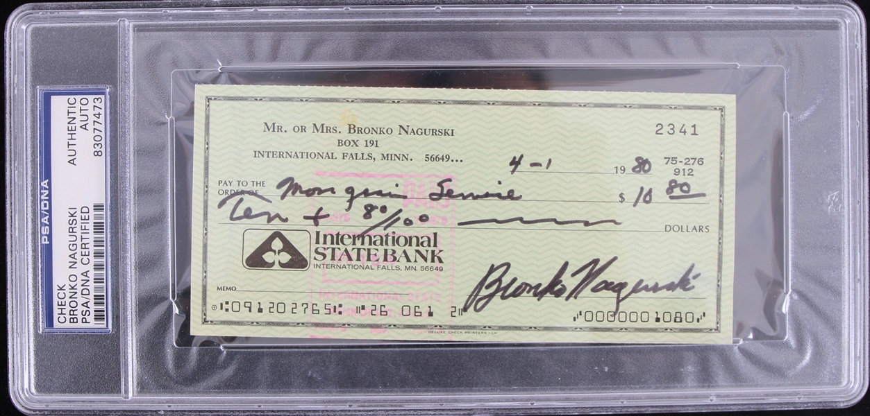 1980 Bronko Nagurski (d.1990) Chicago Bears Signed Check (PSA Slabbed)