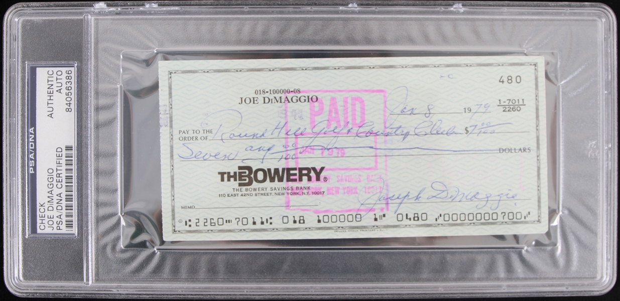 1979 Joe Dimaggio (d.1999) New York Yankees Signed Check (PSA Slabbed)