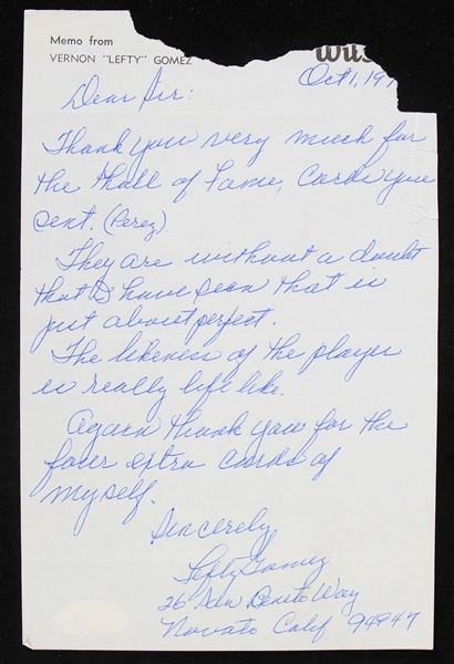 1970s Vernon "Lefty" Gomez (d.1989) New York Yankees Handwritten Letter and 8x10 Photo (PSA) (Lot of 2)