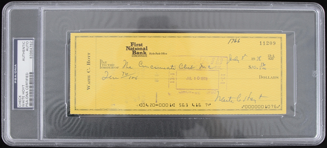 1978 Waite Hoyt (d.1984) New York Giants New York Yankees Brooklyn Dodgers Boston Red Sox Detroit Tigers Philadelphia Athletics and Pittsburgh Pirates Signed Check (PSA Slabbed)
