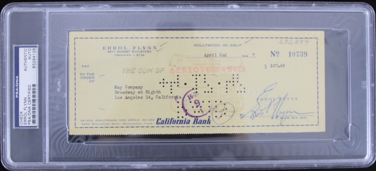 1947 Errol Flynn (d.1959) Signed Check (PSA Slabbed)