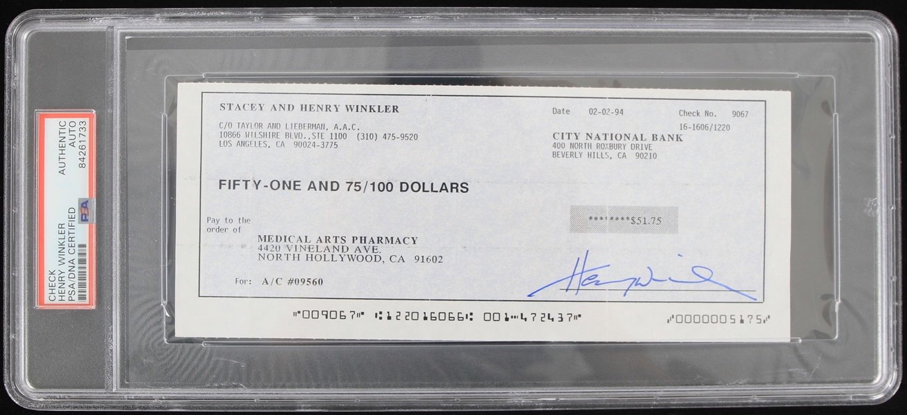 1994 Henry Winkler Signed Check (PSA Slabbed)