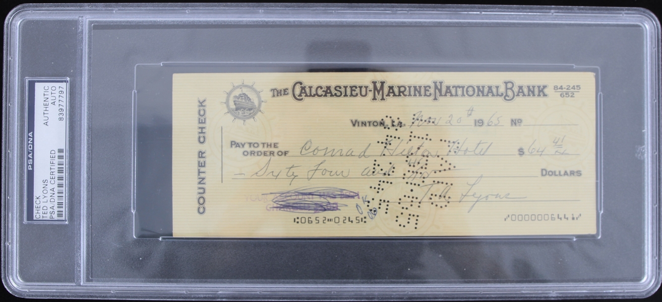 1965 Ted Lyons (d.1986) Chicago White Sox Signed Check (PSA Slabbed)