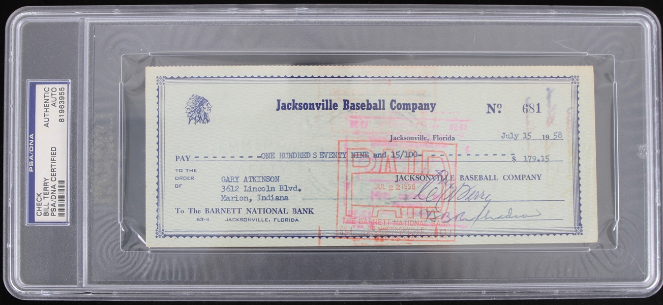1958 Bill Terry (d.1989) New York Giants Signed Check (PSA Slabbed)