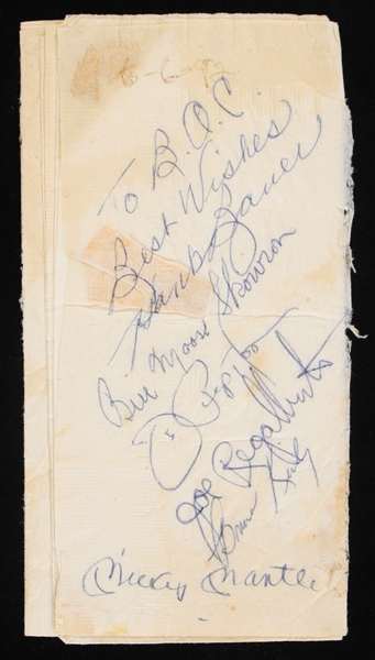 1992 Mickey Mantle New York Yankees Signed Napkin w/ 5 Additional Signatures Including Moose Skowron, Hank Bauer, Joe Pepitone, Bruno Kirby & Joe Regalbuto (*Full JSA Letter*)