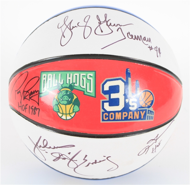 2010s Hall of Fame Multi Signed Big 3 Red White & Blue Graphic Basketball w/ 6 Signatures Including Julius Erving, Rick Barry, George Gervin, Clyde Drexler & More (JSA)