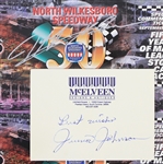 1996-2000 NASCAR Collection - Lot of 3 w/ NASCAR 2000 Pillow, Jeff Gordon Signed North Wilkesboro Speedway 50 Years Commemorative Ticket Sheet & Junior Johnson Signed Card (JSA)