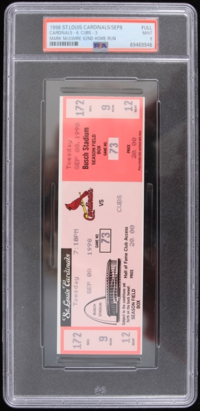 1998 Mark McGwire St. Louis Cardinals 62nd Homerun Full Ticket Graded Mint -9 (PSA Slabbed)