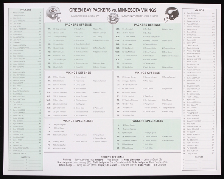 2009 Minnesota Vikings vs Green Bay Packers Media Roster Card