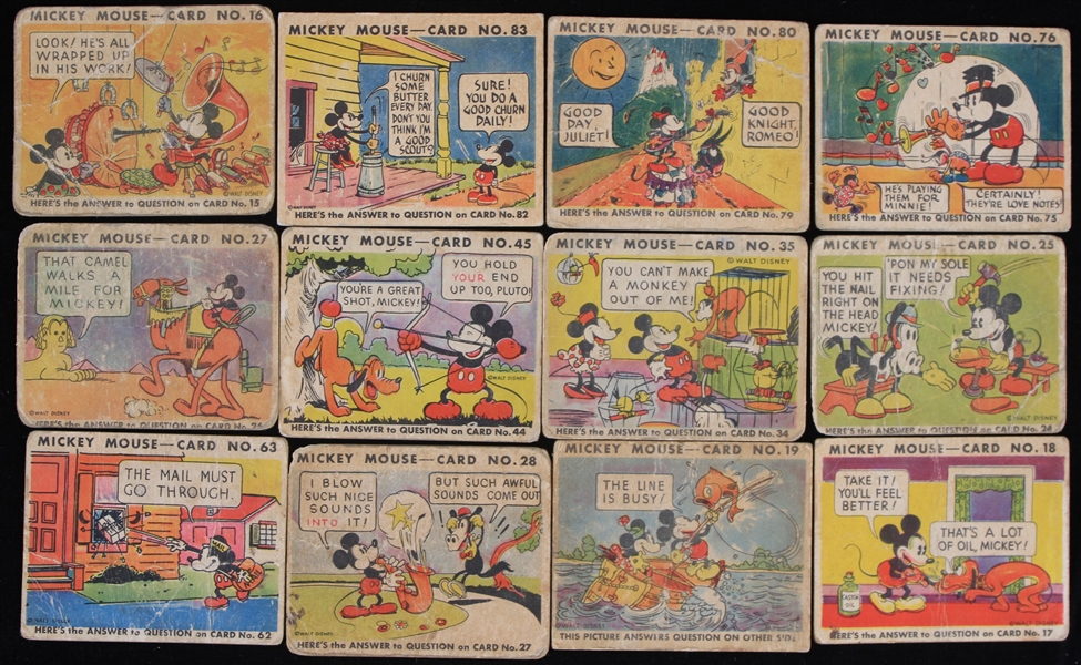 1935 Mickey Mouse R89 Bubble Gum Trading Cards (Lot of 12)