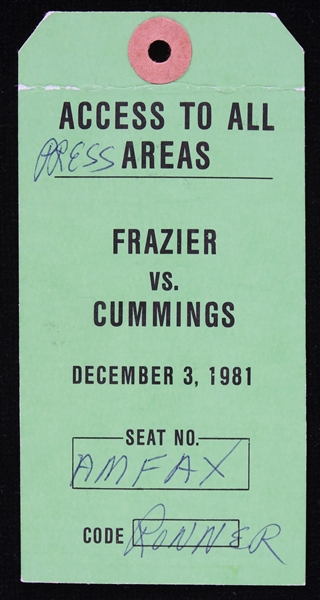 1981 Joe Frazier vs Floyd Cummings All Area Access Pass