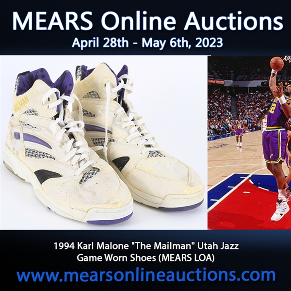 1993-94 Karl Malone Utah Jazz Signed LA Tech Game Worn Sneakers (MEARS LOA/JSA)