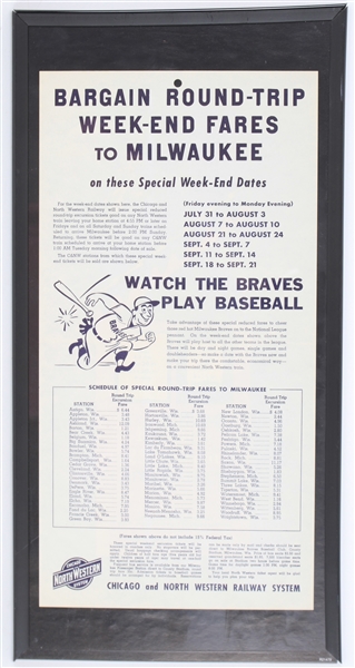 1959 Milwaukee Braves Chicago North Western Railway 10" x 20" Framed Advertisement
