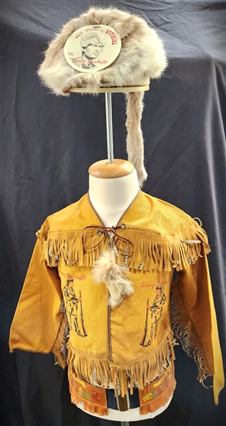 1950s Disney Davy Crockett Kids Frontier Fringe Jacket with Coon Skin Cap Featuring Fess Parker Photo Tag