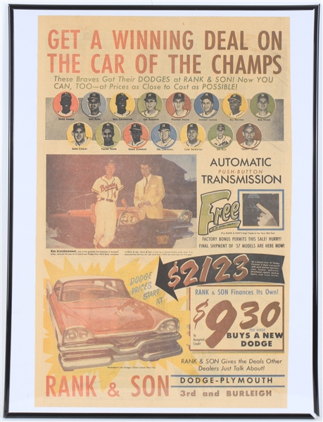 1957 Milwaukee Braves 18" x 24" Framed Rank And Son Dodge Plymouth Newspaper Advertisement