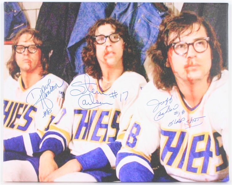 2010s The Hanson Brothers Slap Shot Triple Signed 16" x 20" Canvas Print (JSA)