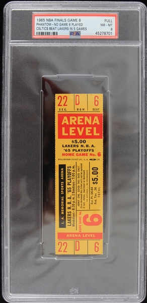 1965 Los Angeles Lakers LA Memorial Sports Arena NBA Finals Ghost Full Ticket (PSA Slabbed NM-MT 8)
