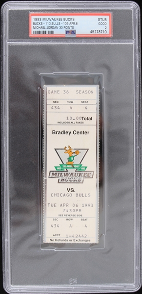 1993 Milwaukee Bucks Chicago Bulls Bradley Center Ticket Stub (PSA Slabbed Good 2)