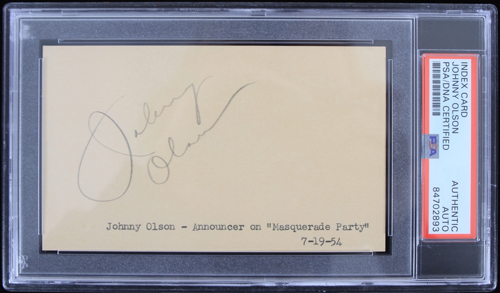 1954 Johnny Olson Masquerade Party Announcer Signed Index Card (PSA Slabbed Authentic)