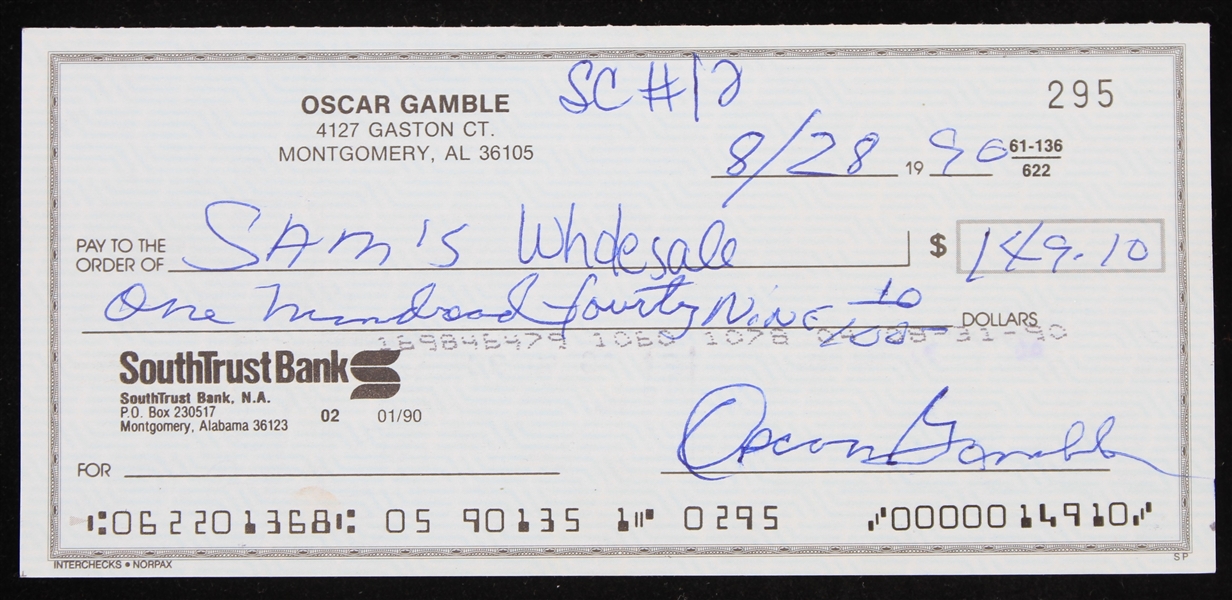 1990 Oscar Gamble New York Yankees Signed Check (JSA)