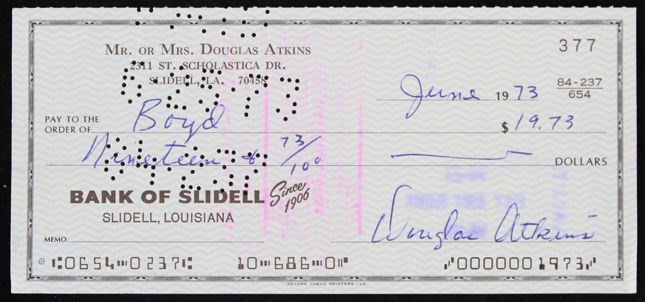 1973 Doug Atkins Chicago Bears Signed Check (JSA)