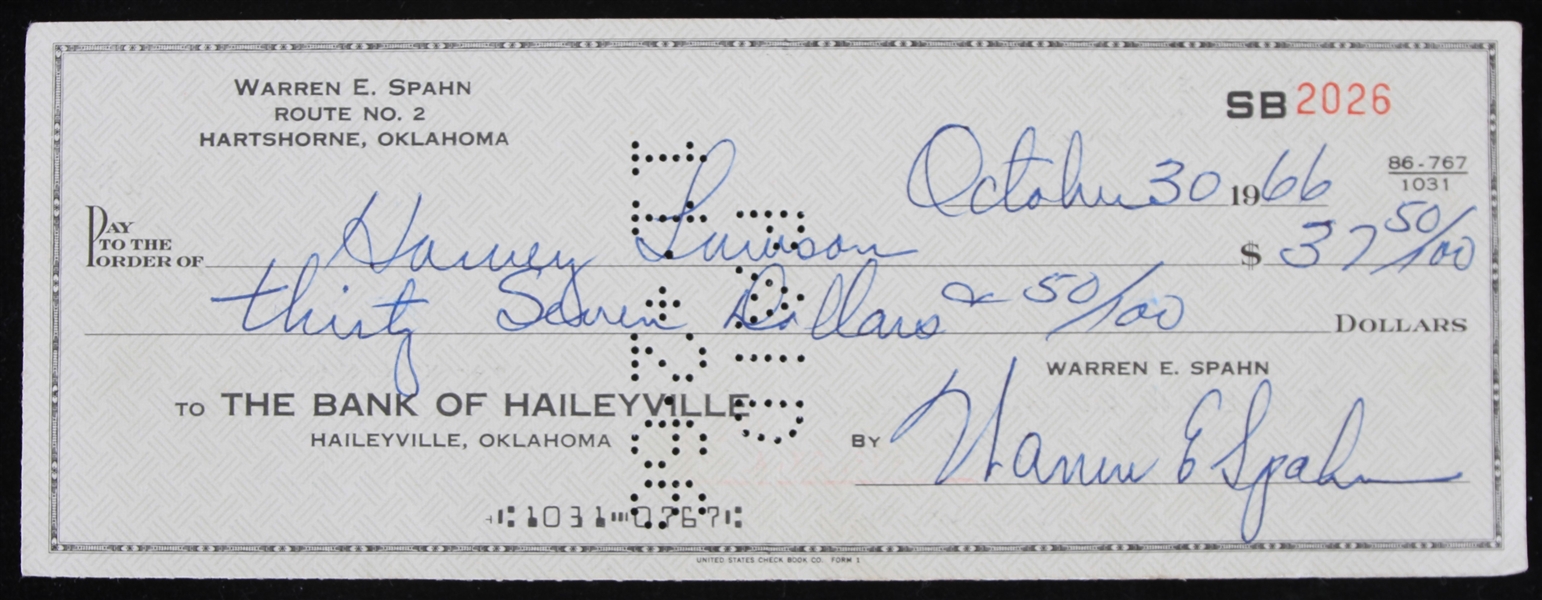 1966 Warren Spahn Milwaukee Braves Signed Check (JSA)
