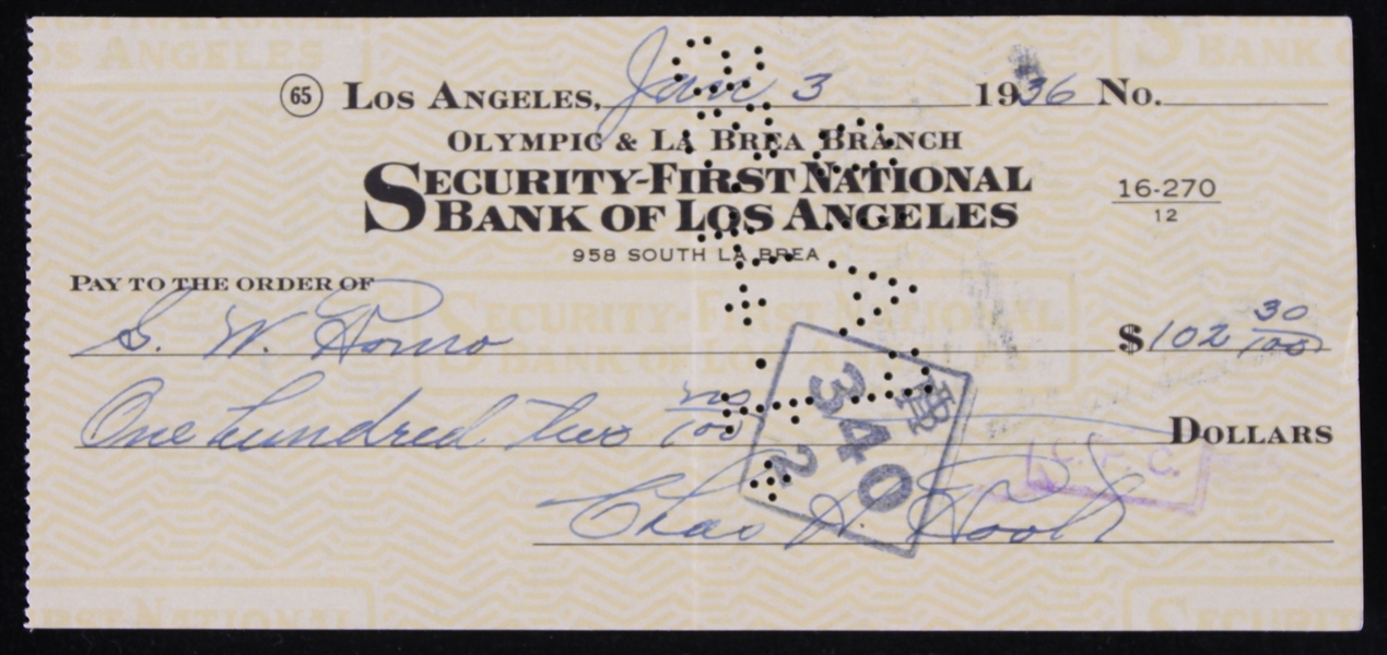 1936 Charlie Root Chicago Cubs Signed Check (JSA)