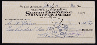 1936 Charlie Root Chicago Cubs Signed Check (JSA)