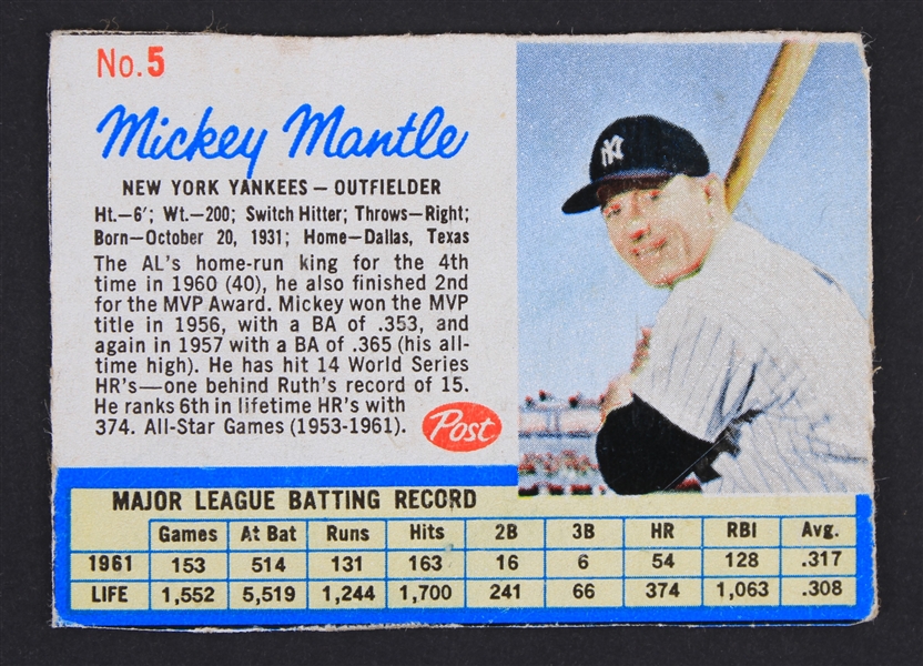 1962 Mickey Mantle NY Yankees Post Cereal Card 