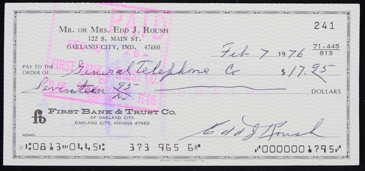 1976 Edd Rosuh Cincinnati Reds Signed Check (JSA)