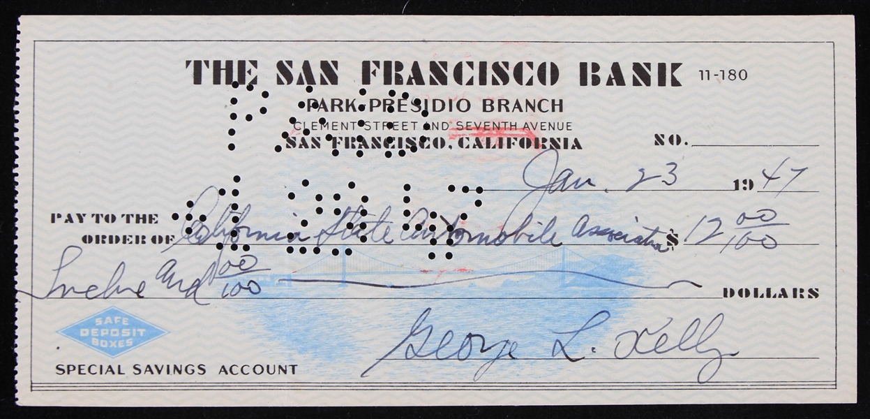 1947 George High Pockets Kelly New York Giants Signed Check (JSA)