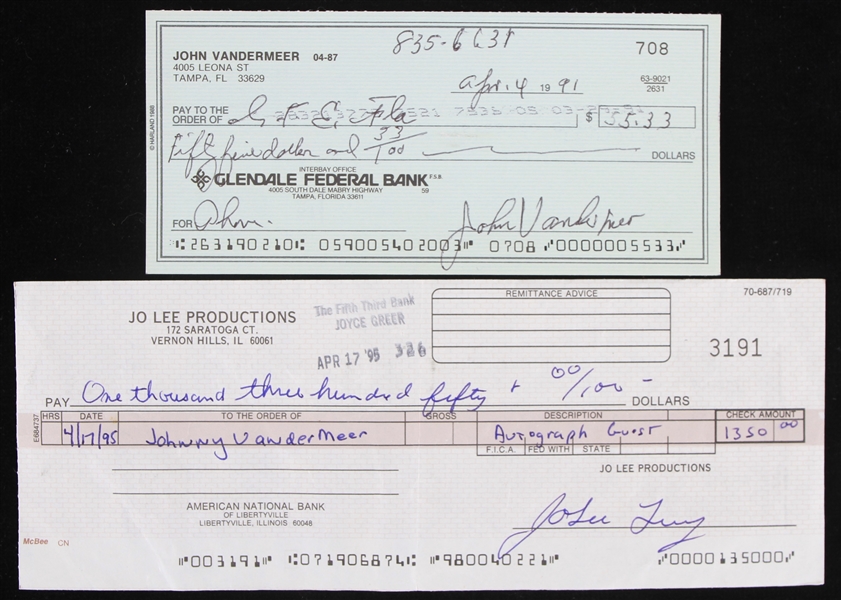 1991-95 Johnny Vander Meer Cincinnati Reds Signed Checks - Lot of 2 (JSA)