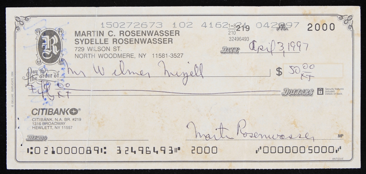 1997 Wilmer "Vinegar Bend" Mizell St. Louis Cardinals Signed Check (JSA)