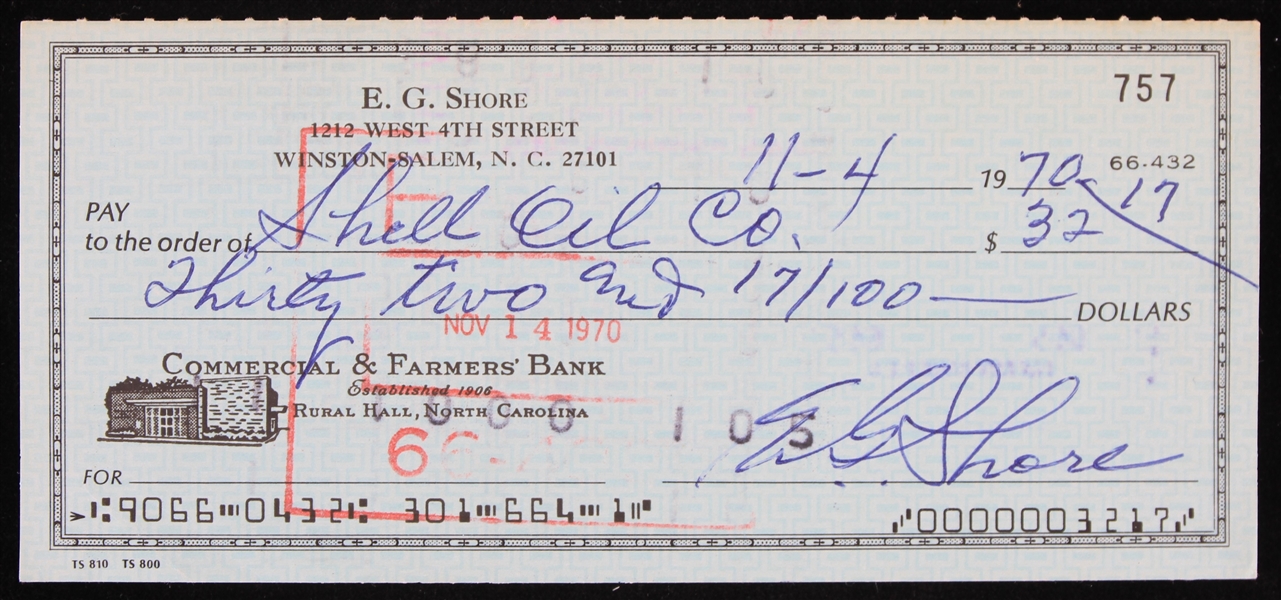 1970 Ernie Shore Boston Red Sox Signed Check (JSA)