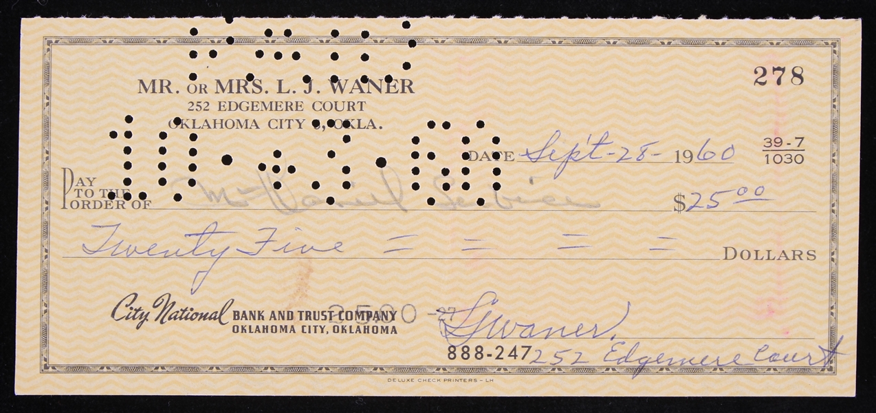 1960 Lloyd Waner Pittsburgh Pirates Signed Check (JSA)