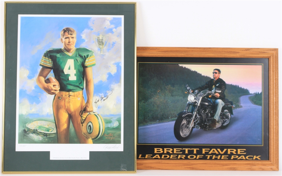 1995 Brett Favre Green Bay Packers Framed Collection - Lot of 2 w/ Leader of the Pack Motorcycle Photo & Signed MVP Lithograph (JSA) 