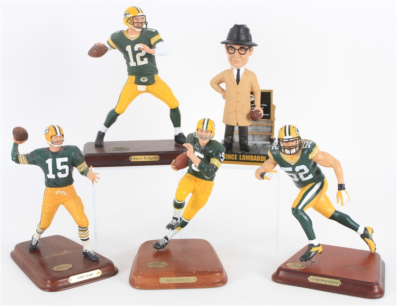 2000s Green Bay Packers Figure Collection - Lot of 5 w/ Vince Lombardi Bobblehead, Bart Starr Danbury Mint, Aaron Rodgers Danbury Mint & More 