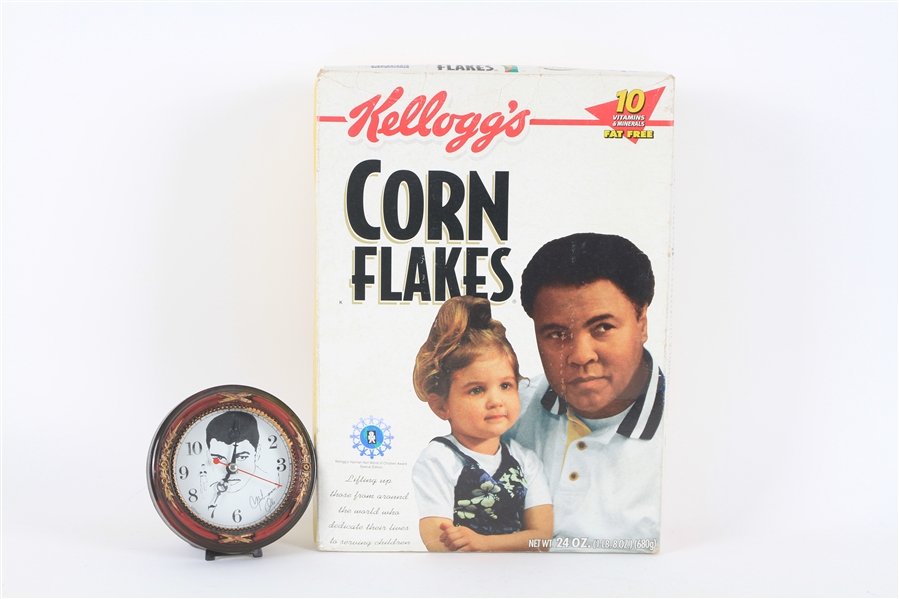 2000s Muhammad Ali World Heavyweight Champion Memorabilia - Lot of 2 w/ Corn Flakes Cereal Box & Clock