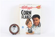 2000s Muhammad Ali World Heavyweight Champion Memorabilia - Lot of 2 w/ Corn Flakes Cereal Box & Clock