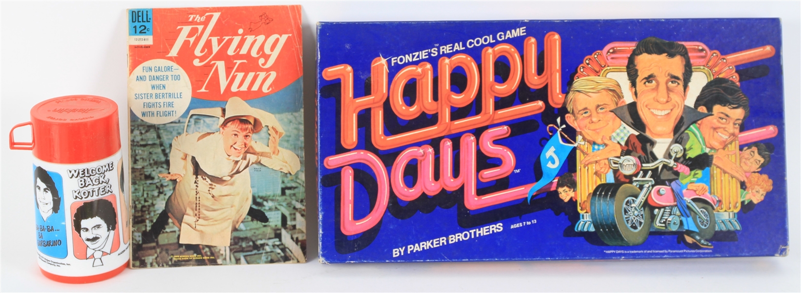 1968-77 Pop Culture Collection - Lot of 3 w/ Happy Days Board Game, Welcome Back Kotter Thermos & The Flying Nun Comic Book