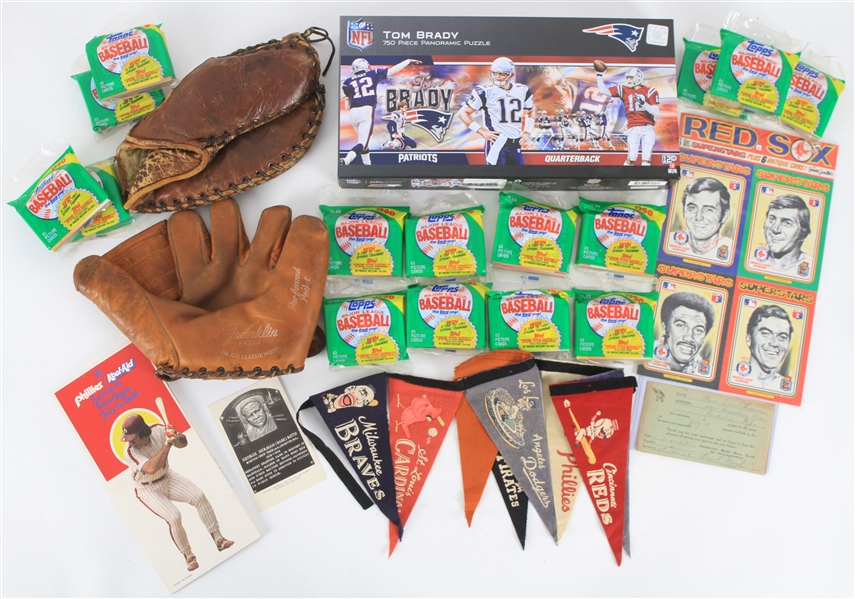 1940s-2000s Baseball Memorabilia Collection - Lot of 150 w/ FunFoods Baseball Player Pinbacks, Store Model Mitts, Unopened Trading Cards, Mini Pennants & More