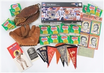 1940s-2000s Baseball Memorabilia Collection - Lot of 150 w/ FunFoods Baseball Player Pinbacks, Store Model Mitts, Unopened Trading Cards, Mini Pennants & More